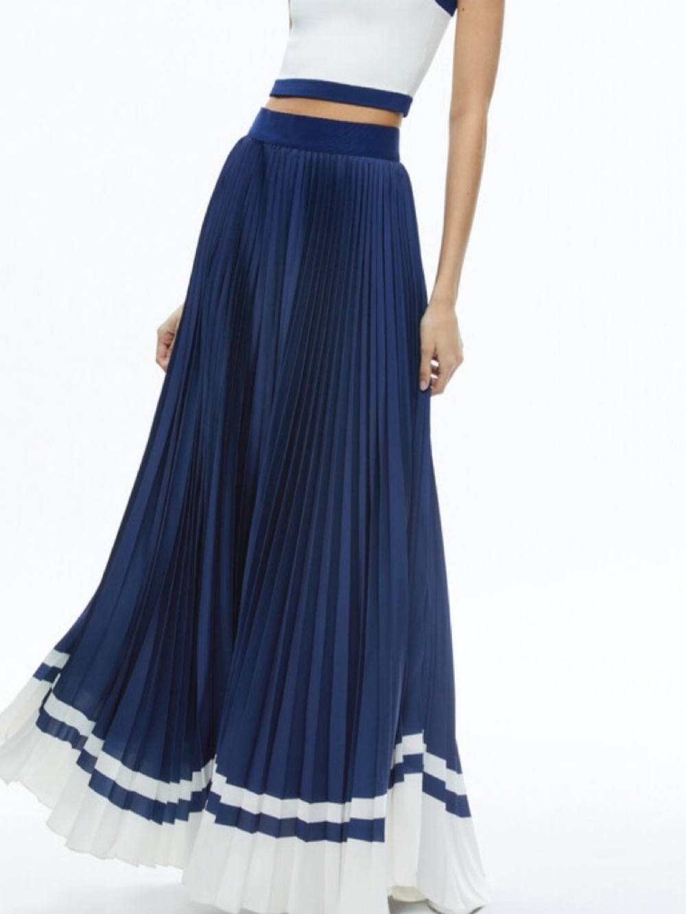 Alice + Olivia Katz Pleated Maxi Skirt Indigo/Off White Lined MSRP $495